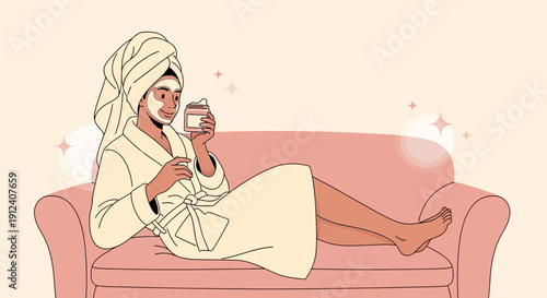 Woman enjoying spa day at home, applying face mask and relaxing on a pink sofa