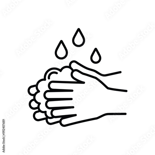 Line art illustration of hands with soap and water droplets