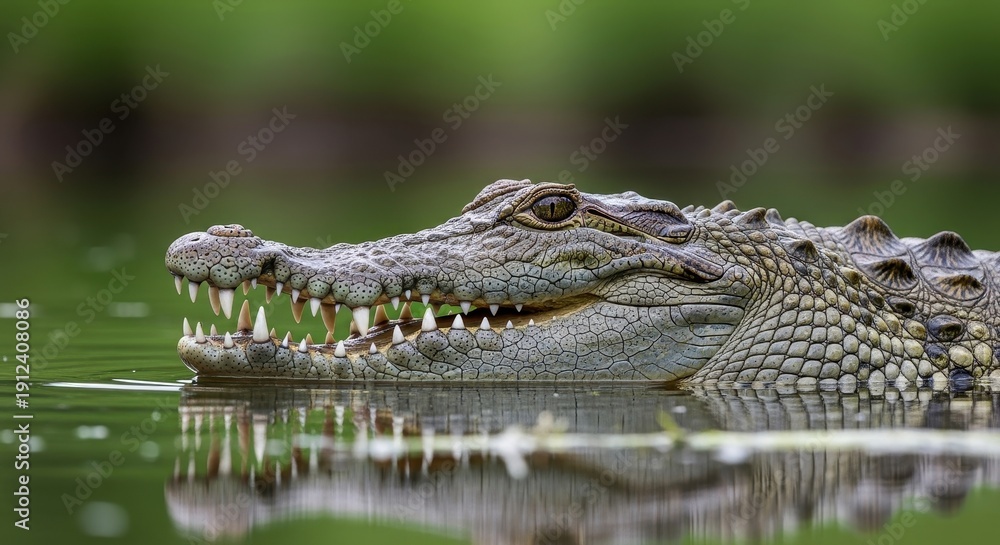 Obraz premium Close-up of a crocodile in the water with its mouth slightly open.