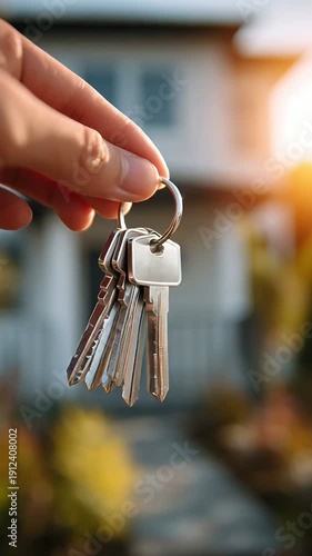 Close up vertical shot of a hand holding house keys in front of a blurred new home.