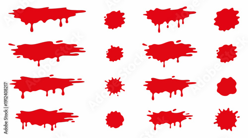 Collection of red paint splashes and drips arranged in a grid on a white background for bold design and visual art projects