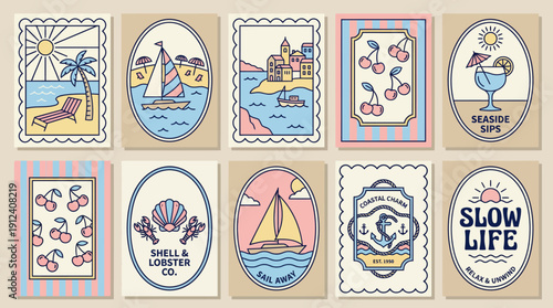 Set of vintage coastal tags featuring nautical illustrations, sailboats, seashells, and floral borders for gift tagging and chic decor.