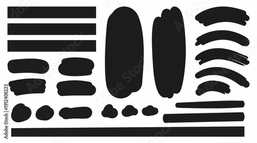 Collection of black brush stroke textures and shapes including lines, dots, and curves for design, typography, and grunge art overlays