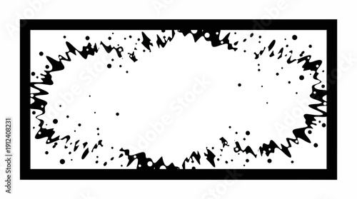 Abstract black ink splatter enclosed by a rectangular frame, high-contrast monochrome design for posters, backgrounds and modern visuals