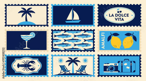 Blue travel stamp collage featuring palm trees, sailboats, cocktails, waves, lemons and La Dolce Vita vibes