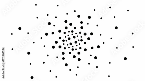 Abstract radial dot pattern featuring a spiraling cluster of black circles on a white background, a modern geometric design suitable for tech and creative projects.