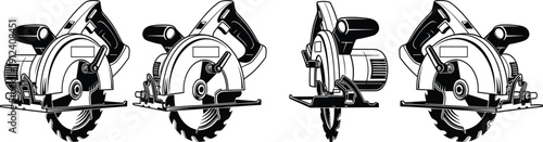 Circular saw power tool vector illustration set featuring different angles of handheld electric wood cutting saws for carpentry and industrial construction