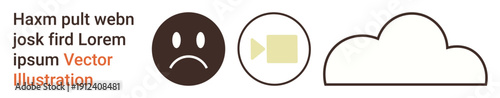 Emotion symbols, digital communication, cloud technology, data storage, virtual interaction, online services. A sad face, a video camera symbol and a cloud outline. Emotion symbols and digital