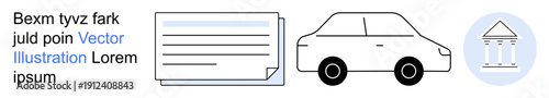 Finance, transportation, banking, document management, legal processes, personal identification. Car, document and bank icon in minimal style. Finance and transportation concept