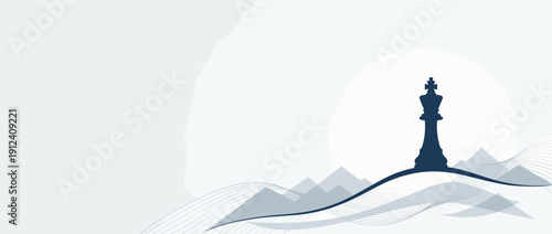 Strategic Leadership Coaching Banner with Chess King Silhouette on a Mountain Peak, Panoramic Vector Illustration for Corporate Success, Business Vision, Management, and Professional Growth.