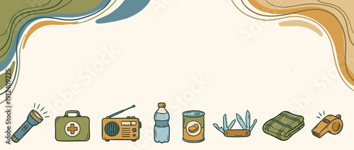 Emergency Preparedness Kit Banner Illustration with Survival Icons including Flashlight, First Aid, Radio, Water, Canned Food, Multi-tool, Blanket, and Whistle for Disaster Readiness and Safety.