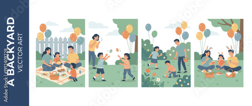 Set of 4 Flat Vector Illustrations of a Family Celebrating Easter in a Backyard with a Picnic, Egg Hunt, and Games; Parents and Kids with Colorful Balloons, Baskets, and Bunny Ears.