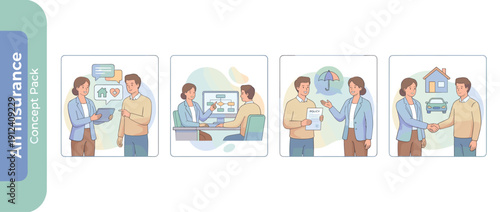 Set of 4 Vector Illustrations of an Insurance Agent Explaining Coverage Options to a Customer, Including Policy Signing, Consultation, Flowchart Analysis, and Handshake Agreement in Pastel Tones.
