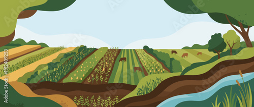 Panoramic vector banner illustration of a regenerative farming landscape with diverse crop fields in stripes, grazing livestock, a flowing river, and healthy soil layers for sustainable agriculture.