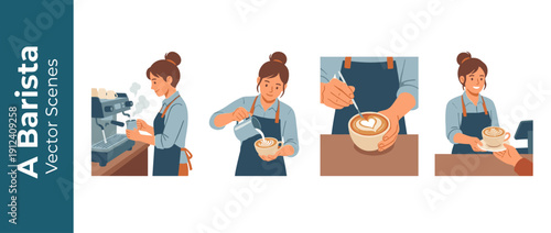 Professional Female Barista Vector Scenes Set, Crafting Specialty Coffee, Using Espresso Machine, Pouring Steamed Milk for Heart Latte Art, and Serving Hot Cappuccino to Customer in Cafe.