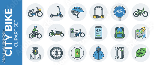 City Bike and Micromobility Icon Set for Urban Commuting. Vector Illustrations of Electric Scooter, Helmet, Cargo Bike, Rental Station, Smartphone App, Map, Tools, and Eco-Friendly Transportation.
