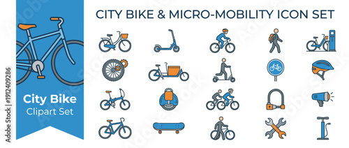 City Bike and Micro-Mobility Icon Set with 20 Vector Illustrations of Bicycles, Electric Scooters, Skateboards, Helmets, Locks, and Tools for Urban Commuting and Sustainable Transport Infographics.