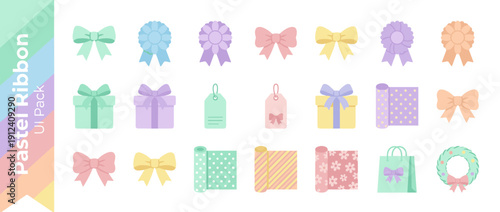 Pastel Ribbon and Gift Wrapping Vector Icon Set with 20 Flat Design Elements: Bows, Rosettes, Gift Boxes, Tags, Wrapping Paper Rolls, Shopping Bag, and Wreath in a Soft Pastel Color Palette.