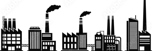 Industrial factory building silhouettes set featuring manufacturing plants, power stations, warehouses, and urban skyline with smoke stacks for logistics vector