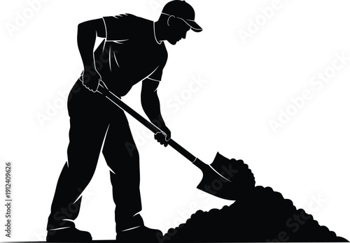 Strong male worker silhouette digging soil with a shovel for landscaping garden maintenance and manual labor in outdoor construction project