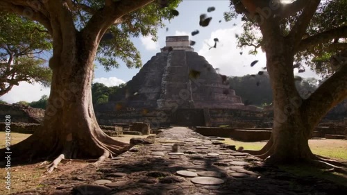 Ancient Mayan pyramid ruins in Chichen Itza Mexico with large trees and stone path on sunny day motion footage