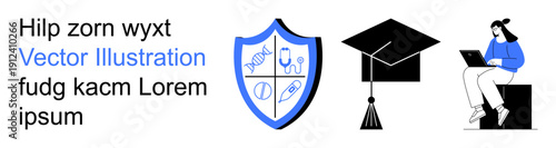 Education, online learning, academic achievement, e-learning, knowledge security, and technological studies. Shield with academic icons, graduation cap and student with a laptop. Education