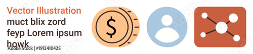Financial services, user authentication, digital identity, connectivity, economic transactions, online platforms. Dollar symbol, user profile icon and network connection graphic. Financial services