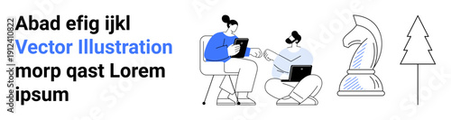 Teamwork, strategy, remote work, communication, creativity, brainstorming. Two people collaborate with devices, a chess knight and a tree icon. Teamwork and strategy visualization