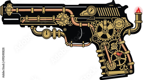 Steampunk Handgun Illustration – Mechanical Pistol with Gears, Pipes, and Clockwork Details