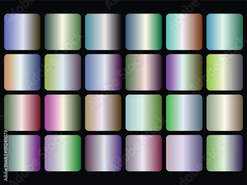 Large collection of twenty four colorful metallic gradient rounded squares for various applications