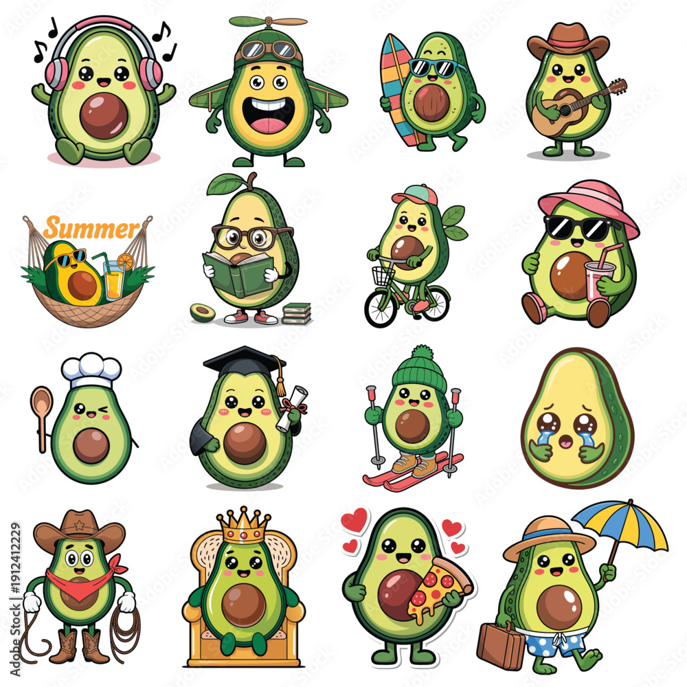 Obraz premium Cute Avocado Character Collection Vector – Kawaii Cartoon Avocado Set with Different Professions and Activities