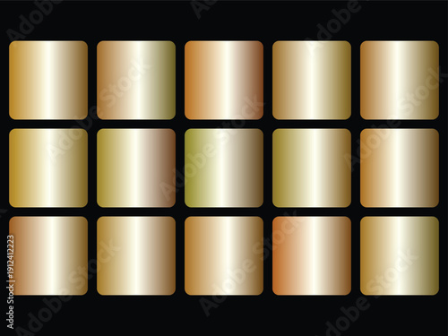 A collection of fifteen luxurious gold and bronze metallic color gradients in a grid pattern