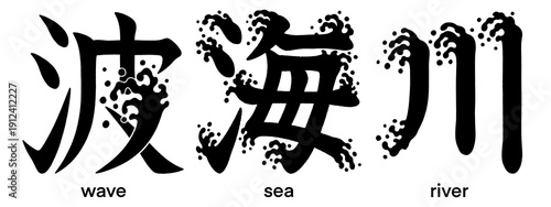 Foto Pictorial Japanese kanji characters for sea, wave and river isolated on transpar