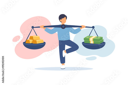 Man balancing gold bars and money on scales.