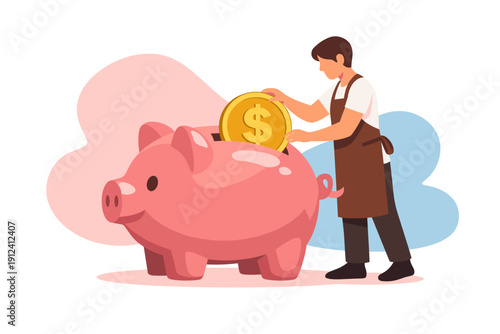 Man depositing coin into pink piggy bank for savings.