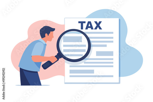 Man examines tax document with magnifying glass illustration.