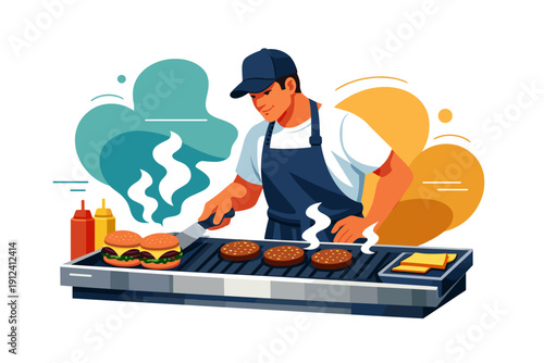 Man grilling burgers on a flat top grill with condiments.