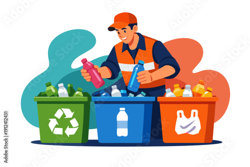 Man sorting plastic bottles into recycling bins for environmental protection.
