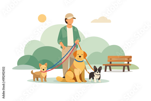 Man Walking Three Dogs in a Park.