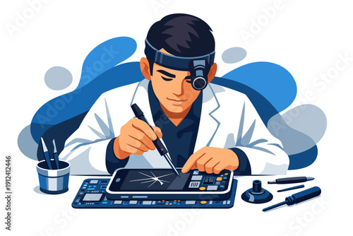 Man repairing a broken smartphone screen with tools.