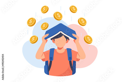 Student holding book over head with coins falling down.