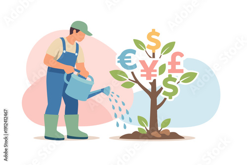 Man watering money tree with currency symbols growing on branches.