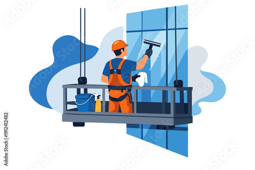 Window Washer Working High Up On Building Exterior.