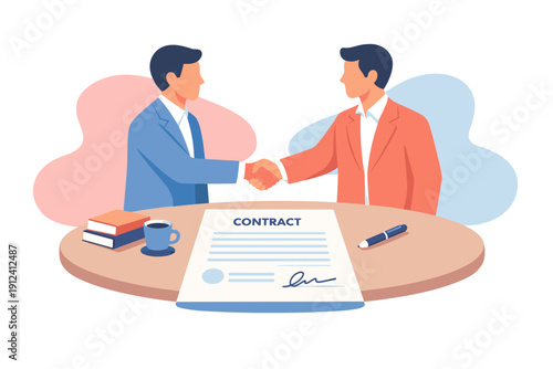 Two businessmen shaking hands over a contract agreement.