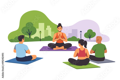 Yoga instructor leads outdoor class in park with students meditating.