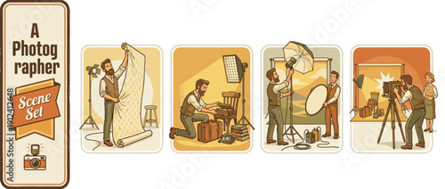 Set of 4 Vintage Style Vector Illustrations Showing a Professional Photographer Setting Up a Photo Studio, Hanging Backdrops, Adjusting Lighting Equipment, and Taking Portraits with a Retro Camera