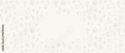 Panoramic Easter Banner with Minimalist Line Art Icons of Bunnies, Eggs, Baskets, and Flowers. Light Pastel Repeating Pattern Background for Spring Holiday Greeting Cards and Website Headers.