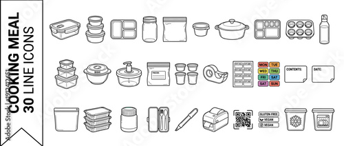 Vector line icon set of 30 cooking meal prep and food storage containers, glass jars, bento boxes, labels, kitchen tools, and organization supplies for healthy meal planning and home cooking