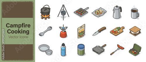 Isometric Vector Icon Set of Campfire Cooking and Trail Meals Featuring Dutch Oven, Portable Stove, Coffee Percolator, S'mores, Grill, Spork, and Outdoor Kitchen Equipment for Camping Adventures.