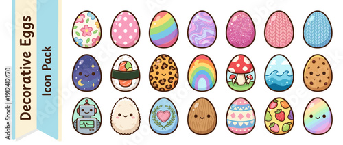 Kawaii Decorative Egg Icon Set Vector, 21 Unique Designs with Textures like Rainbow, Sushi, Robot, Mushroom, Floral, Glitter, Fruit, and Wood Grain, Cute Cartoon Style for Easter or Gaming Assets.